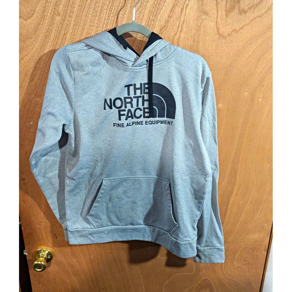 The North Face Gray Graphic Print Fleece Pullover Hoodie Logo Pockets Men's S